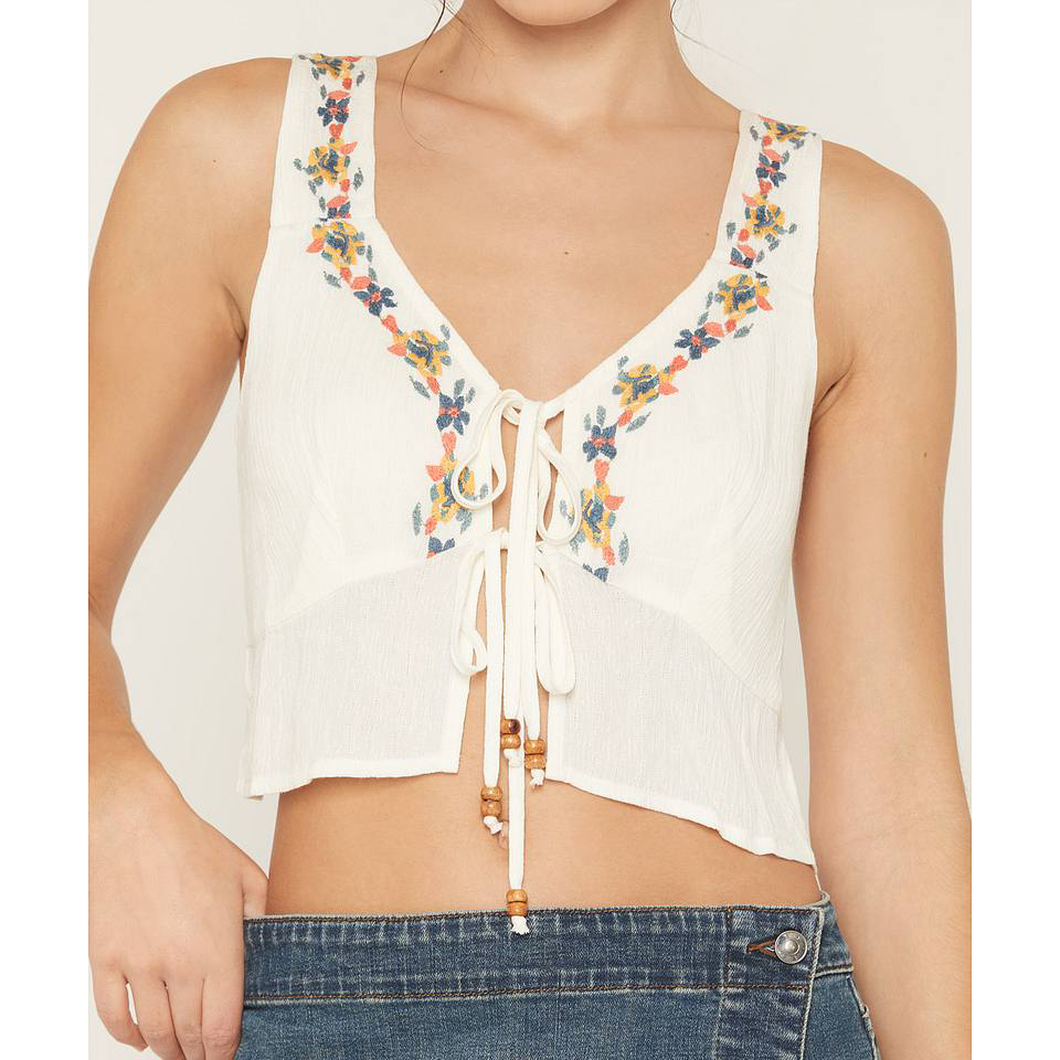 Floral Embroidered Double Tie Front Cropped Tank Top