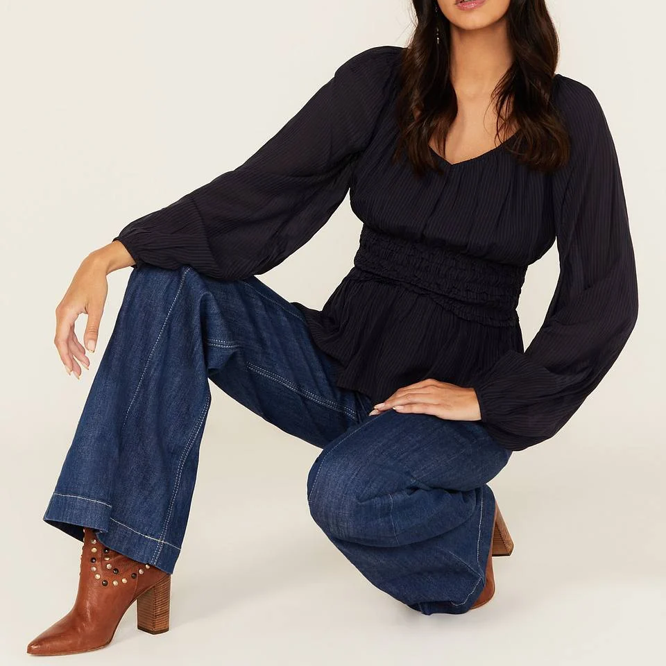 V-Neck Smocked Waist Western Long Sleeve Blouse