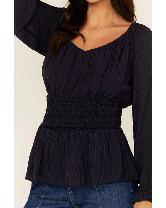 V-Neck Smocked Waist Western Long Sleeve Blouse