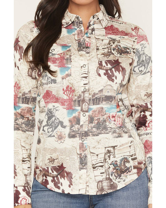 Western Graphic Print Snap Button Ladies Shirt