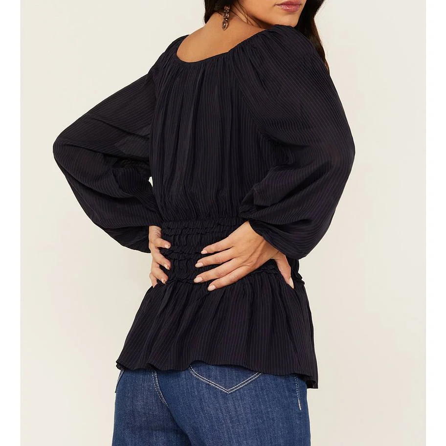 V-Neck Smocked Waist Western Long Sleeve Blouse