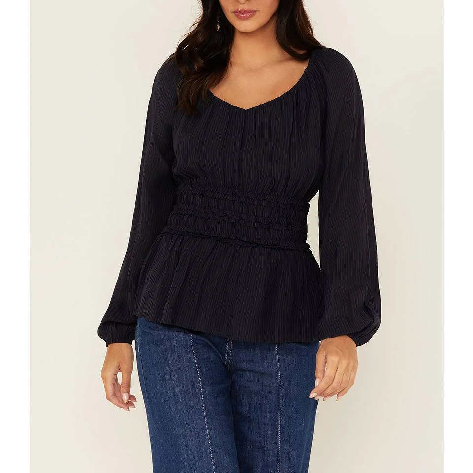 V-Neck Smocked Waist Western Long Sleeve Blouse
