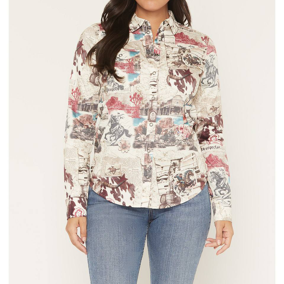 Western Graphic Print Snap Button Ladies Shirt