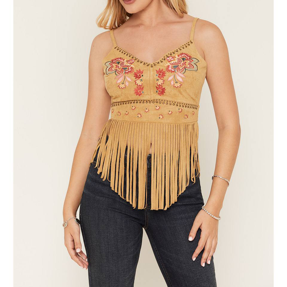 Embroidered Fringe Cropped Cami Top